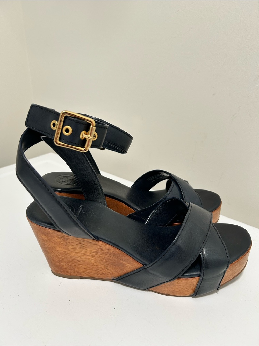 Tory Burch Almita Mid Wedge Sandal Navy Blue Size 9